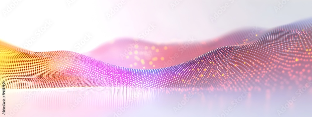 Mesmerizing 3D rendered scene depicting a light wave dynamically interacting with quantum dots creating a vibrant and futuristic display against a clean white backdrop Mesmerizing 3D rendered scene depicting a light wave dynamically interacting with quantum dots creating a vibrant and futuristic display against a clean white backdrop