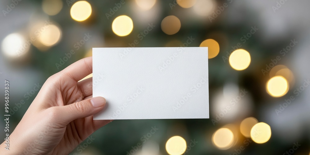 Stylishly adorned Christmas tree with golden lights in the backdrop, with a hand clutching an empty greeting card. Stylishly adorned Christmas tree with golden lights in the backdrop, with a hand clutching an empty greeting card.