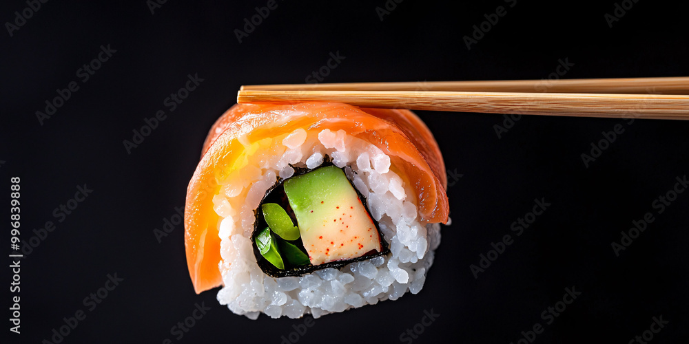 Sushi roll with salmon and cucumber held by chopsticks, delightful treat Sushi roll with salmon and cucumber held by chopsticks, delightful treat