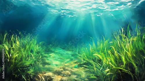 Beneath the serene surface, vibrant underwater grass sways gently in beams of sunlight, creating a tranquil aquatic landscape.