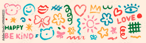 Big set of colorful hand painted various shapes, curls, forms, brush strokes and doodle objects. Childish simple hand drawn style. Cute characters. 