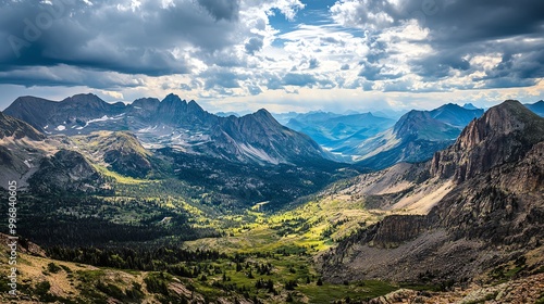 Breathtaking mountain landscape under a dramatic sky, showcasing valleys and peaks with lush greenery and vibrant natural beauty.