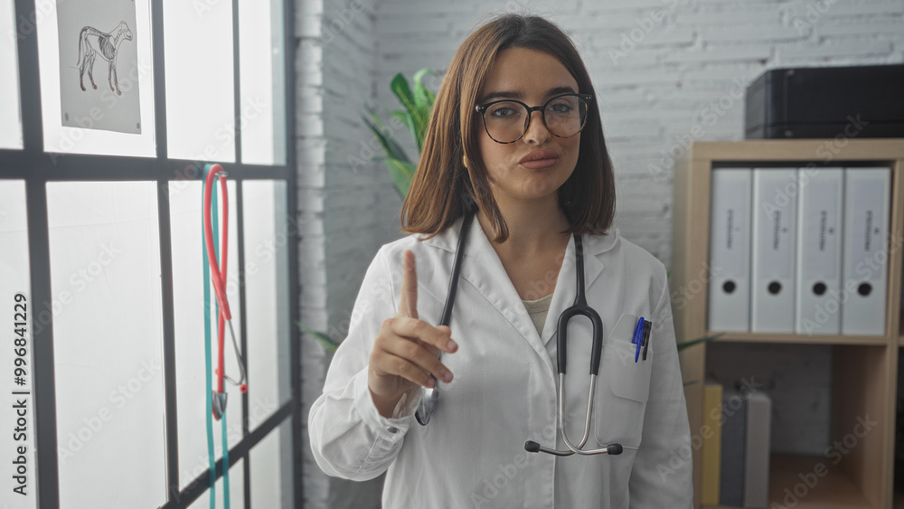 Young hispanic female doctor in a clinic room, wearing a stethoscope and glasses, gesturing with her finger, with a focused expression in an indoor workplace setting. Young hispanic female doctor in a clinic room, wearing a stethoscope and glasses, gesturing with her finger, with a focused expression in an indoor workplace setting.