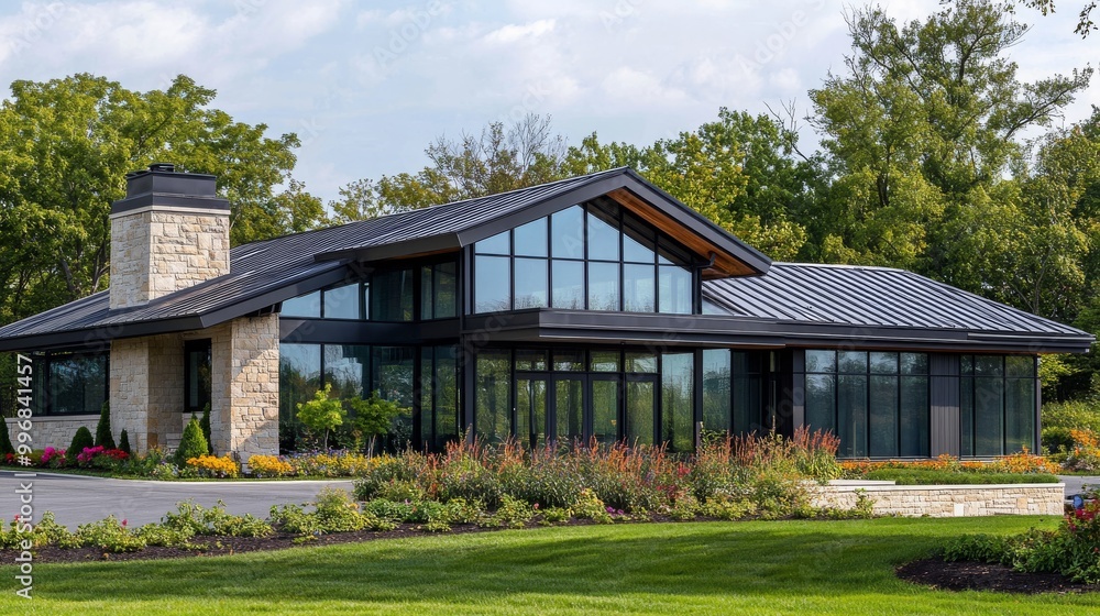 This stunning traditional home features modern design elements such as large glass windows, surrounded by lush landscaping and greenery, creating a peaceful atmosphere This stunning traditional home features modern design elements such as large glass windows, surrounded by lush landscaping and greenery, creating a peaceful atmosphere
