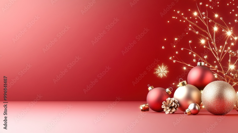 Deep red Christmas background with gold stars and snowflakes, accented with sparkling lights and holiday ornaments. Deep red Christmas background with gold stars and snowflakes, accented with sparkling lights and holiday ornaments.