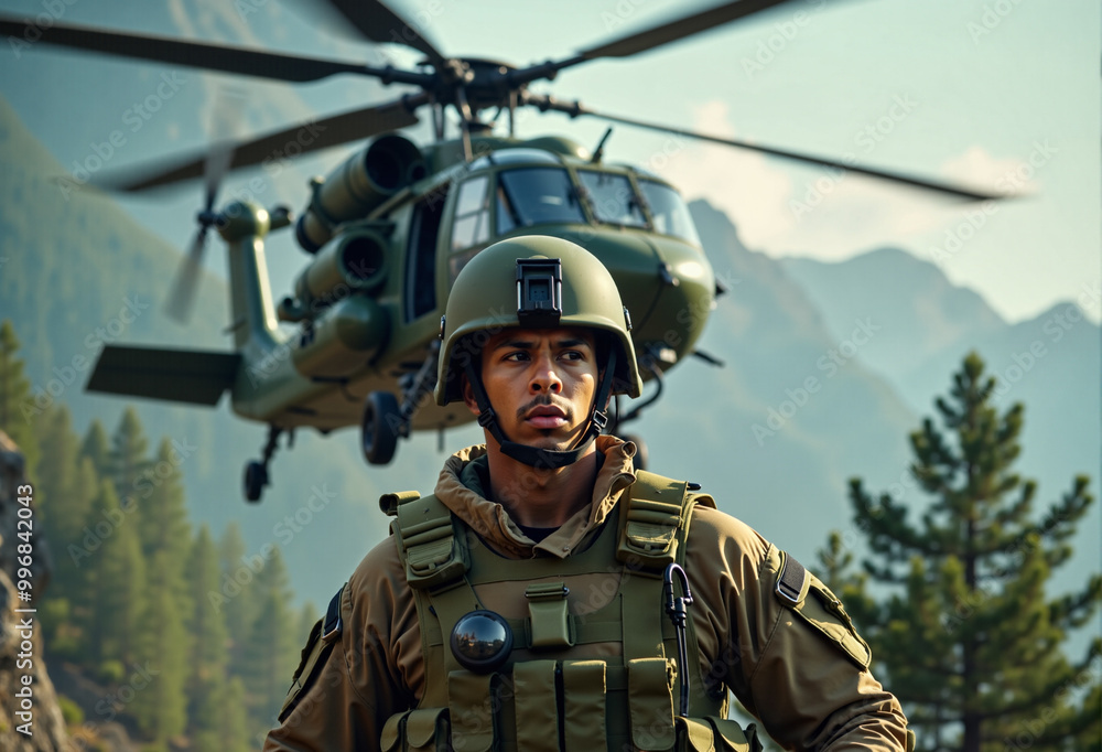 A soldier stands confident and alert in full military gear with a helmet, as a helicopter hovers against a dramatic backdrop of mountains and pine trees. A soldier stands confident and alert in full military gear with a helmet, as a helicopter hovers against a dramatic backdrop of mountains and pine trees.