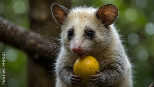 Bare-tailed Woolly Opossum eating fruit in Amazon, Brazil. photo