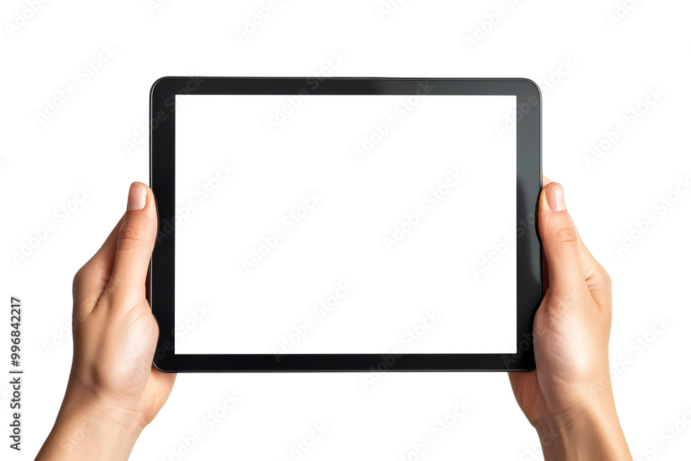 Digital Tablet Mockup with Blank Screen Held by Hands, Isolated on White Background, Perfect for Tech Designs, App Displays, and Digital Device Templates Digital Tablet Mockup with Blank Screen Held by Hands, Isolated on White Background, Perfect for Tech Designs, App Displays, and Digital Device Templates