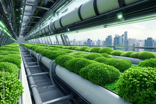 A 3D-rendered scene of a vertical farm inside a skyscraper, using green technology to grow food with minimal environmental impact