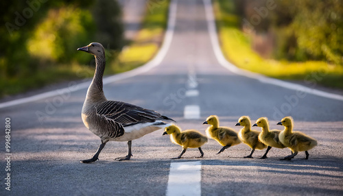 A goose followed by her goslings are crossing the road