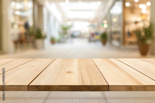 Empty Wooden Table Top with Blurred Shopping Mall Interior Background for Product Display