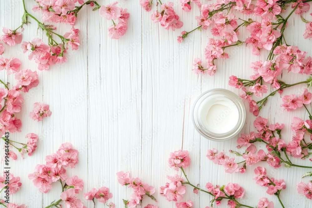 Obraz premium Cosmetic cream container and pink flowers on white wooden background from top view - generative ai