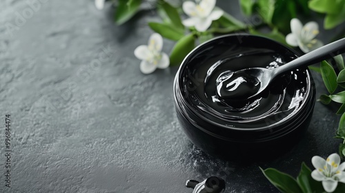 A luxurious black cosmetic mask gleams amidst elegant tools and floral accents, showcasing skincare indulgence.