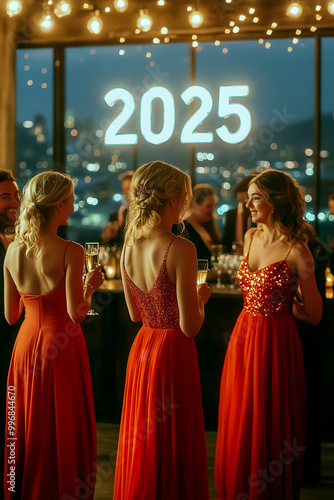 Elegant women in red dresses celebrating New Year's Eve with 2025 sign photo