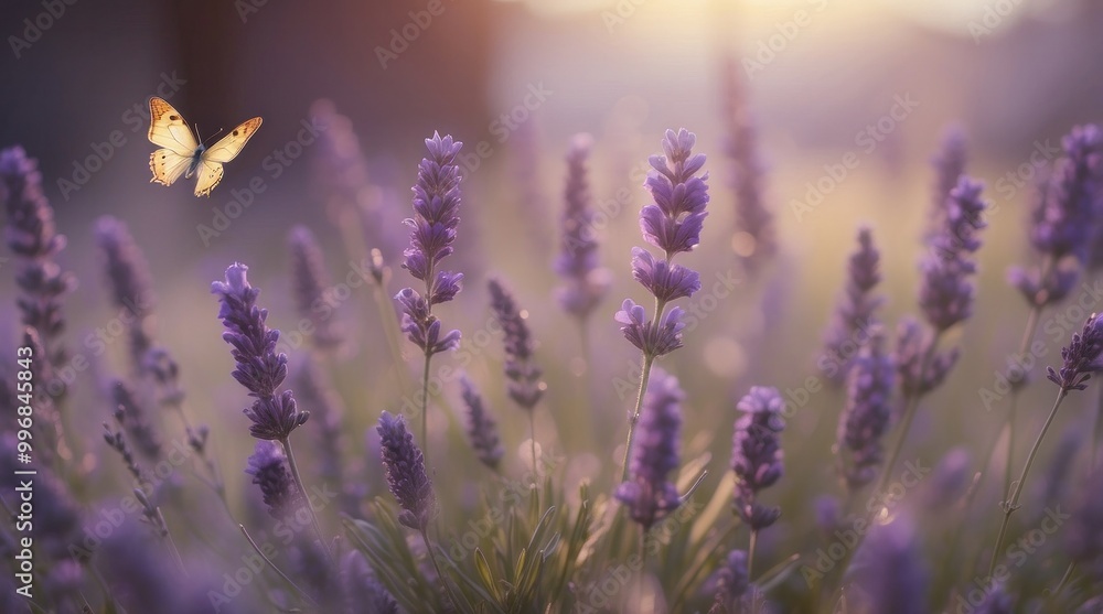 Obraz premium Spring or summer lavender field with butterflies. Wide field of lavender in summer morning. lavender flowers with sunlight
