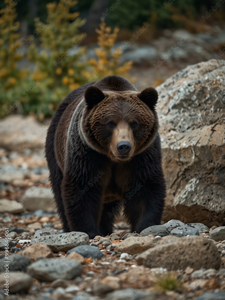 Black grizzly bear sniffing around rocks. Black grizzly bear sniffing around rocks.