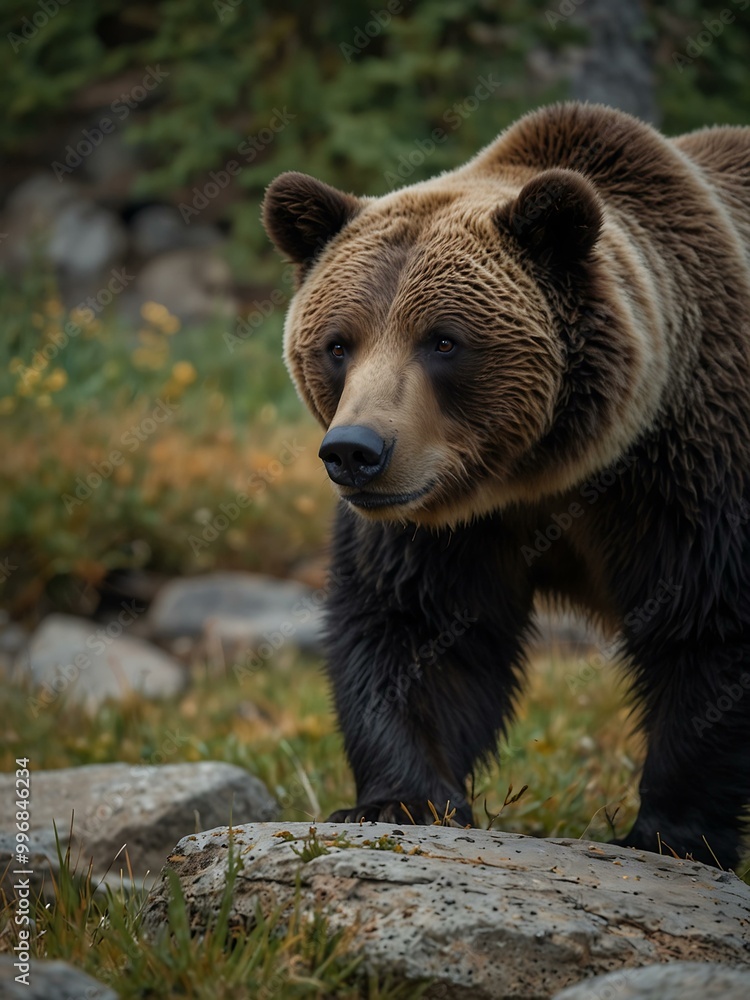 Black grizzly bear sniffing around rocks. Black grizzly bear sniffing around rocks.