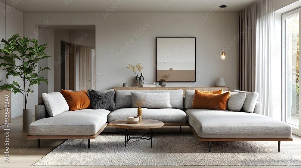 Inviting and Stylish Modern Living Space with Comfortable L Shaped Sofa and Cohesive Minimalist Design The Calming Ambiance is Created by the Natural Wood Tones and Textiles Inviting and Stylish Modern Living Space with Comfortable L Shaped Sofa and Cohesive Minimalist Design The Calming Ambiance is Created by the Natural Wood Tones and Textiles