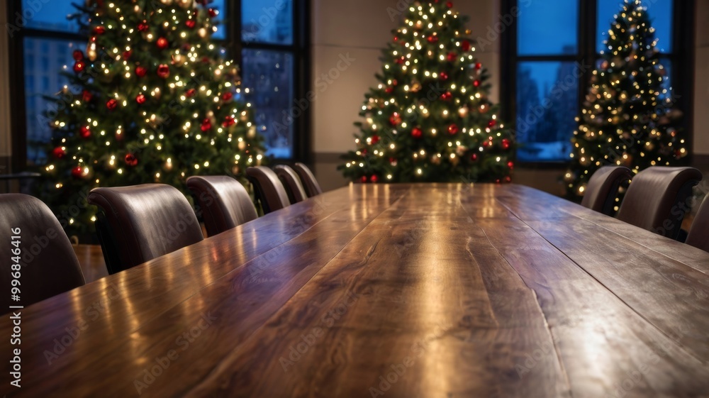 Empty meeting room decorated for christmas with lighted trees Empty meeting room decorated for christmas with lighted trees
