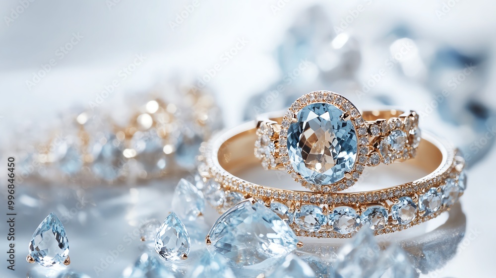Elegant rings adorned with sparkling aquamarine stones, surrounded by shimmering crystal gems. Elegant rings adorned with sparkling aquamarine stones, surrounded by shimmering crystal gems.