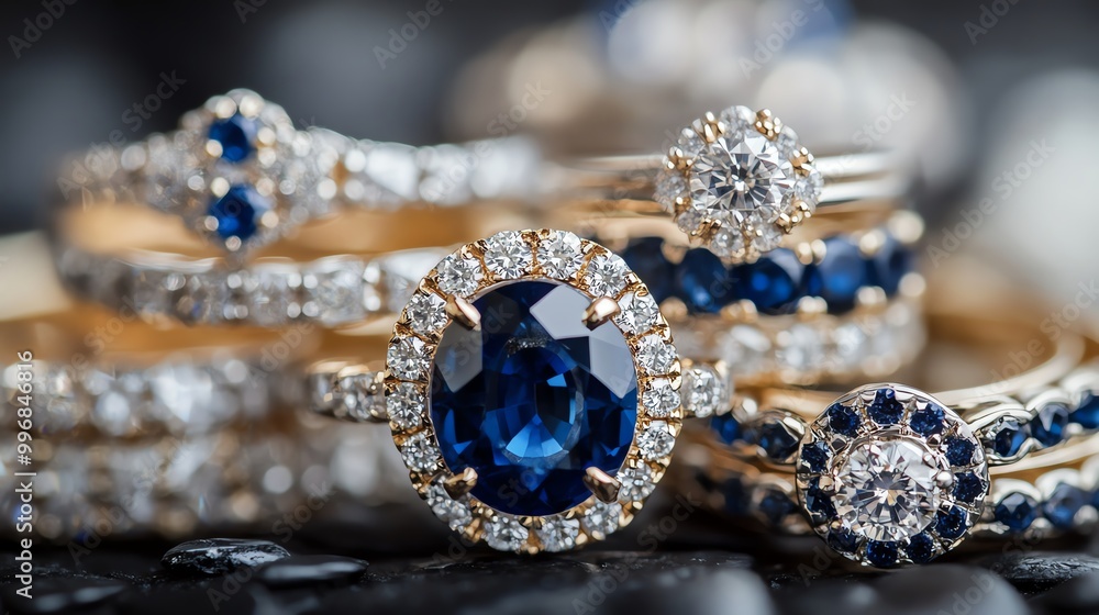 Elegant sapphire and diamond rings stacked beautifully, showcasing their unique designs and sparkling brilliance. Elegant sapphire and diamond rings stacked beautifully, showcasing their unique designs and sparkling brilliance.