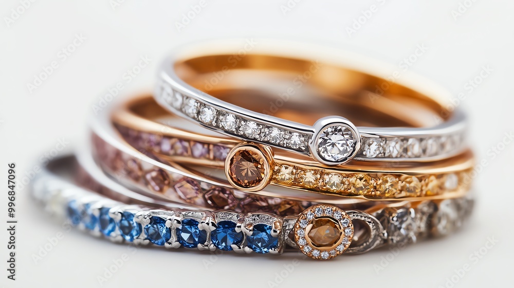 Elegant stacked rings featuring diamonds and colorful gemstones, perfect for fashion, jewelry, and accessory themes. Elegant stacked rings featuring diamonds and colorful gemstones, perfect for fashion, jewelry, and accessory themes.