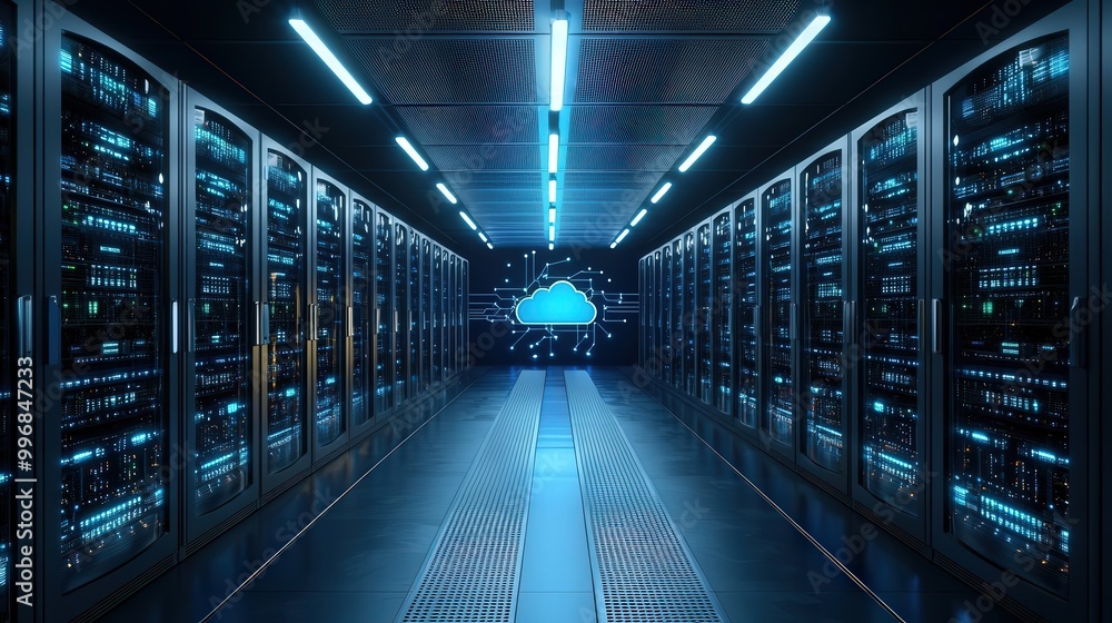 Modern data center with cloud computing icon on screen. Modern data center with cloud computing icon on screen.
