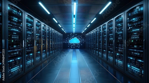 Modern data center with cloud computing icon on screen.