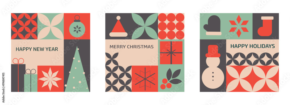 Set of geometric banners featuring Christmas and mosaic elements, designed for greeting cards celebrating New Year and Christmas with a modern and festive touch.