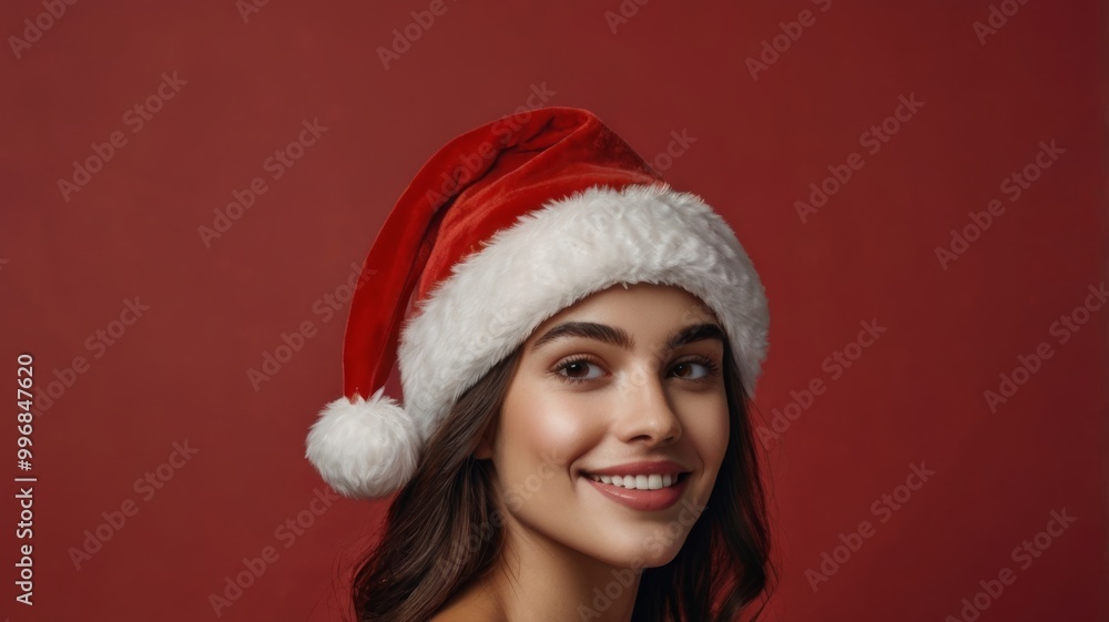 Beautiful woman wearing santa hat smiling on red background Beautiful woman wearing santa hat smiling on red background