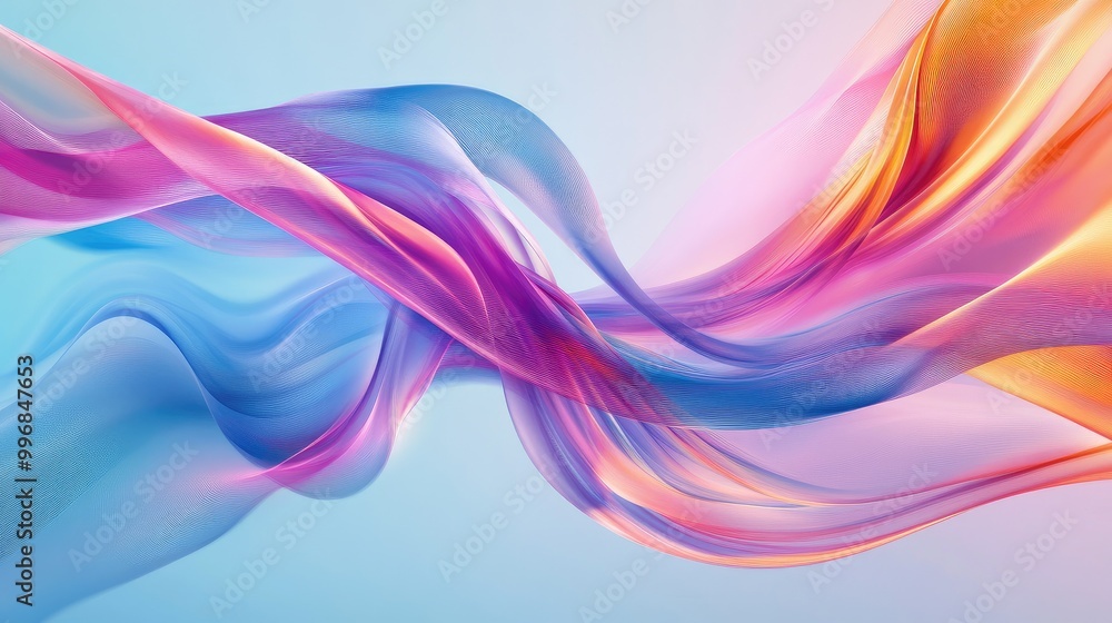 Abstract ribbons in pink, blue, and orange swirl and flow smoothly on a light blue background, creating dynamic motion. No people. Abstract ribbons in pink, blue, and orange swirl and flow smoothly on a light blue background, creating dynamic motion. No people.