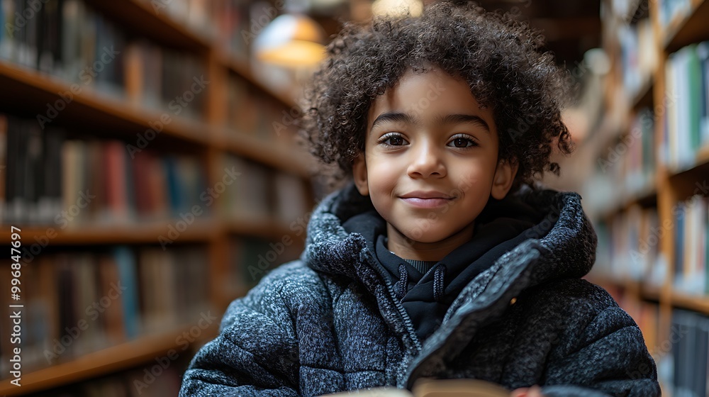 Happy young disabled mixed race school student in wheelchair reading a library book. African american child with disability learning. Inclusive & diverse education Happy young disabled mixed race school student in wheelchair reading a library book. African american child with disability learning. Inclusive & diverse education
