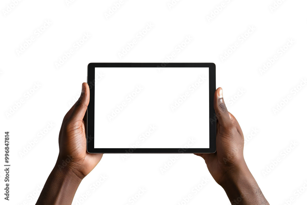Digital Tablet Mockup with Blank Screen Held by Hands, Isolated on White Background, Perfect for Tech Designs, App Displays, and Digital Device Templates Digital Tablet Mockup with Blank Screen Held by Hands, Isolated on White Background, Perfect for Tech Designs, App Displays, and Digital Device Templates