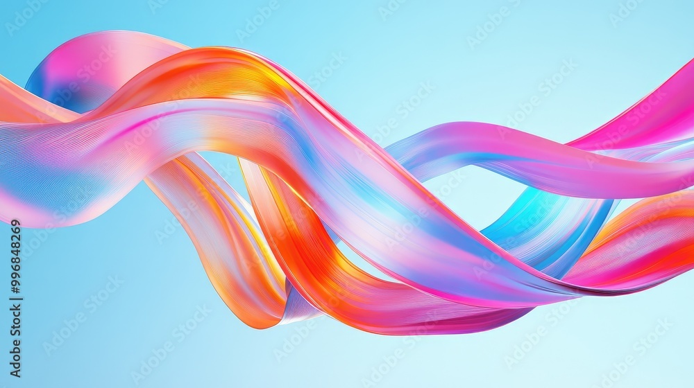Abstract ribbons in pink, blue, and orange swirl dynamically across a light blue background, creating fluid motion. No people. Abstract ribbons in pink, blue, and orange swirl dynamically across a light blue background, creating fluid motion. No people.