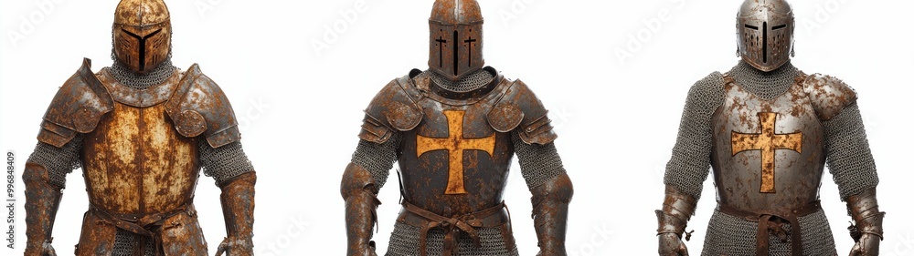 set of Rusty Armor Knights Templar Cross Equestrian Order th Century Military Heritage Medieval Costume on white background set of Rusty Armor Knights Templar Cross Equestrian Order th Century Military Heritage Medieval Costume on white background