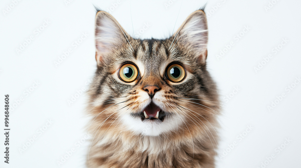 Adorable Fluffy black and White Cat in Shock Portrait on White Background