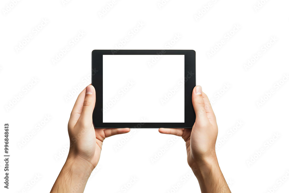 Digital Tablet Mockup with Blank Screen Held by Hands, Isolated on White Background, Perfect for Tech Designs, App Displays, and Digital Device Templates Digital Tablet Mockup with Blank Screen Held by Hands, Isolated on White Background, Perfect for Tech Designs, App Displays, and Digital Device Templates