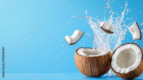 Fresh coconut water splashing from cracked coconuts creates refreshing scene