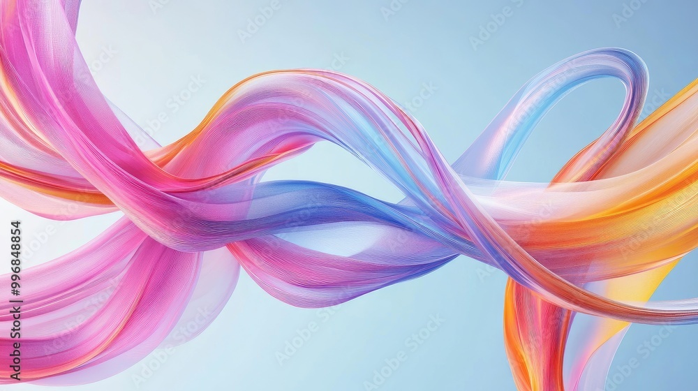Abstract ribbons in pink, blue, and orange swirl dynamically across a light blue background, creating fluid motion. No people. Abstract ribbons in pink, blue, and orange swirl dynamically across a light blue background, creating fluid motion. No people.