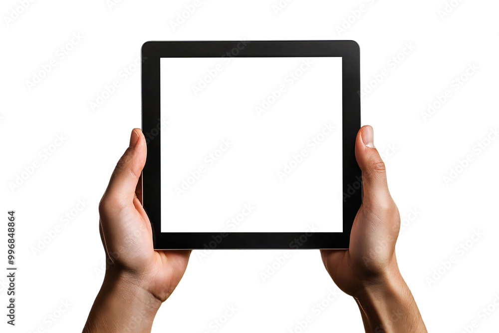 Digital Tablet Mockup with Blank Screen Held by Hands, Isolated on White Background, Perfect for Tech Designs, App Displays, and Digital Device Templates Digital Tablet Mockup with Blank Screen Held by Hands, Isolated on White Background, Perfect for Tech Designs, App Displays, and Digital Device Templates