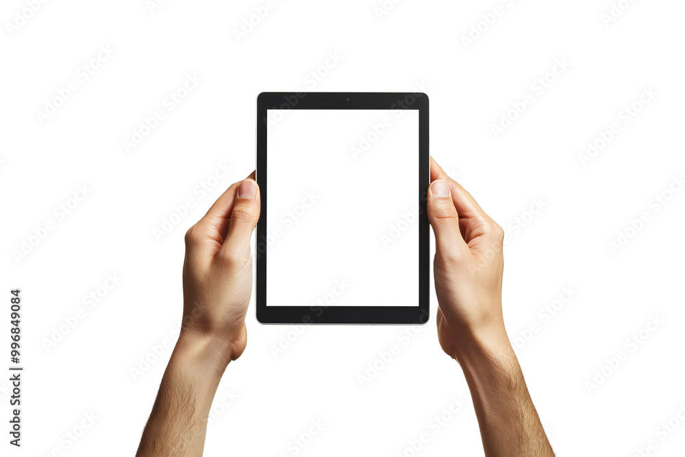 Digital Tablet Mockup with Blank Screen Held by Hands, Isolated on White Background, Perfect for Tech Designs, App Displays, and Digital Device Templates Digital Tablet Mockup with Blank Screen Held by Hands, Isolated on White Background, Perfect for Tech Designs, App Displays, and Digital Device Templates
