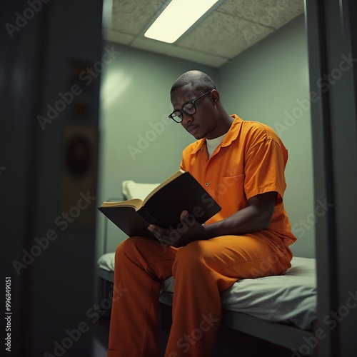 An inmate, dressed in an orange jumpsuit, sits on his bed in a cell, engrossed in reading a book, depicting a moment of introspection and solitude amidst confinement.