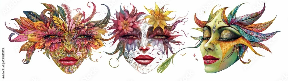 set of Whimsical Art A FlowerFused Face with Intricate Detail on a white background set of Whimsical Art A FlowerFused Face with Intricate Detail on a white background