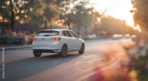 Modern White Car at Sunset on Tree Lined Street. Urban Scene with Warm Light and Pastel Sky