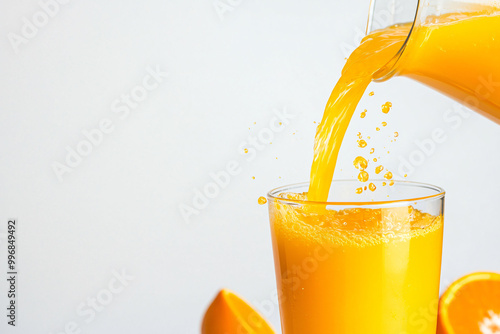 Fresh orange juice pouring into glass, creating refreshing splash