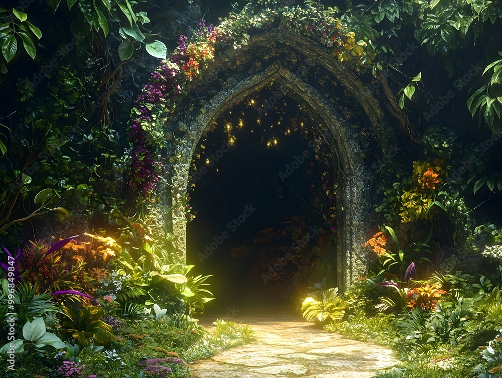 Mystical hidden alcove nestled within a lush verdant forest adorned with an ornate stone entryway and a tapestry of vibrant otherworldly flora bathed in an ethereal