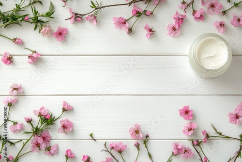 Wallpaper Mural Cosmetic cream container and pink flowers on white wooden background from top view - generative ai Torontodigital.ca