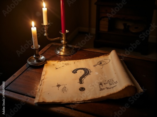 An antique scroll laid on a wooden desk with a large question mark in the center, surrounded by various symbols, and lit by two softly glowing candles in a dimly lit room.