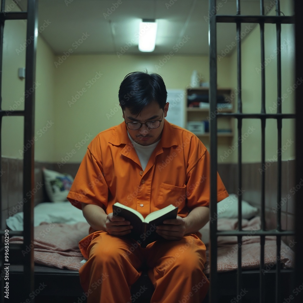An inmate dressed in an orange prison uniform is seated on his bed inside a jail cell, deeply engrossed in reading a book. The cell is simple and sparsely furnished. An inmate dressed in an orange prison uniform is seated on his bed inside a jail cell, deeply engrossed in reading a book. The cell is simple and sparsely furnished.