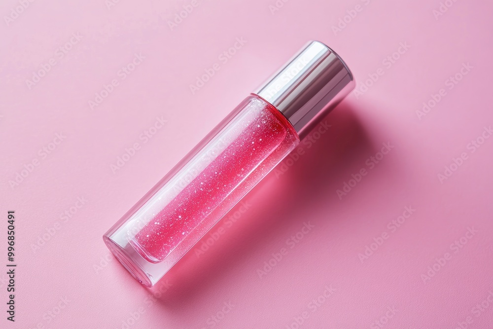 Pink glitter lip gloss bottle. Perfect for beauty, fashion, and cosmetic product promotions. Pink glitter lip gloss bottle. Perfect for beauty, fashion, and cosmetic product promotions.